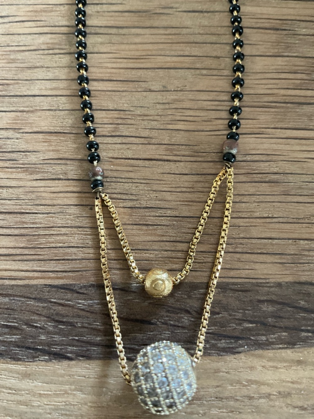Elegant Mangalsutra Gold and Black Bead Layered Pendant Necklace - Picture 2 of 5
